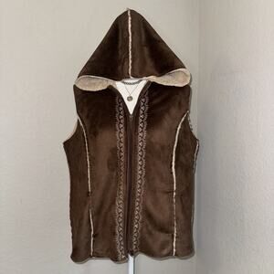 Lucy & Laurel Hooded Vest Womens XL Brown Suede Winter Faux Fur Lining Full Zip